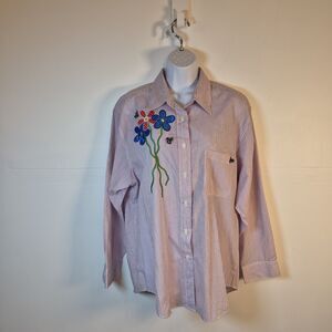Beckyanne Women's Button-Up Shirt Size L Striped Applique Flowers And Bees